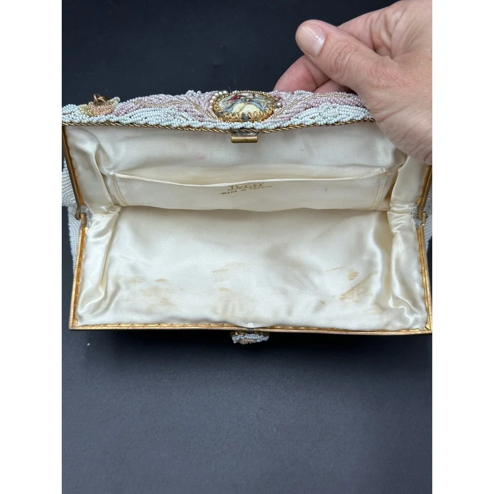 RARE VINTAGE PETITE POINT BEADED HOMEMADE‎ IN FRANCE FLORAL HANDBAG